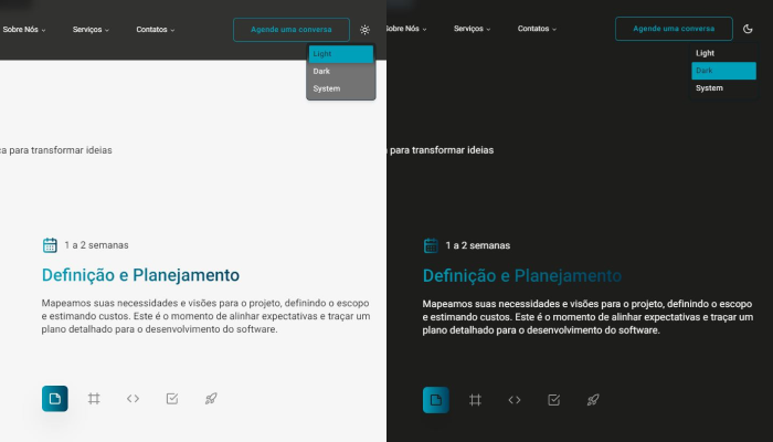Captura de tela dupla do site da Produtivese mostrando a opção de alternar entre tema claro e escuro, com a versão do tema claro à esquerda e a versão do tema escuro à direita.