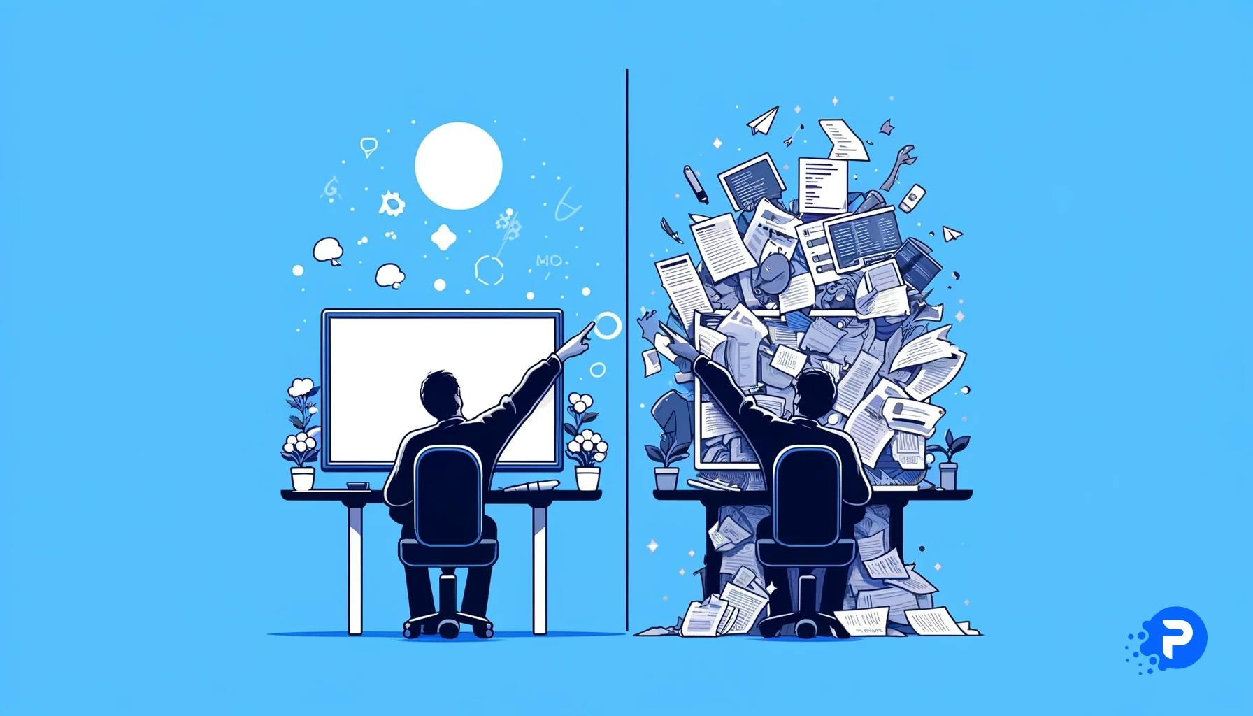 Ilustração minimalista dividida: à esquerda, um usuário aponta para um monitor, indicando uma mudança de design simples e intuitiva. À direita, o monitor exibe uma complexidade de código, análises e dados, representando a complexidade das alterações de código no desenvolvimento web.