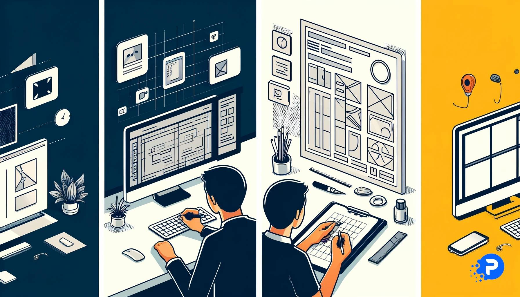 Ilustração mostrando dois métodos de geração de ideias: à esquerda, um designer usa um programa de design digital no computador; à direita, alguém desenha um wireframe manualmente com lápis e régua, destacando o valor de ambos os processos criativos.
