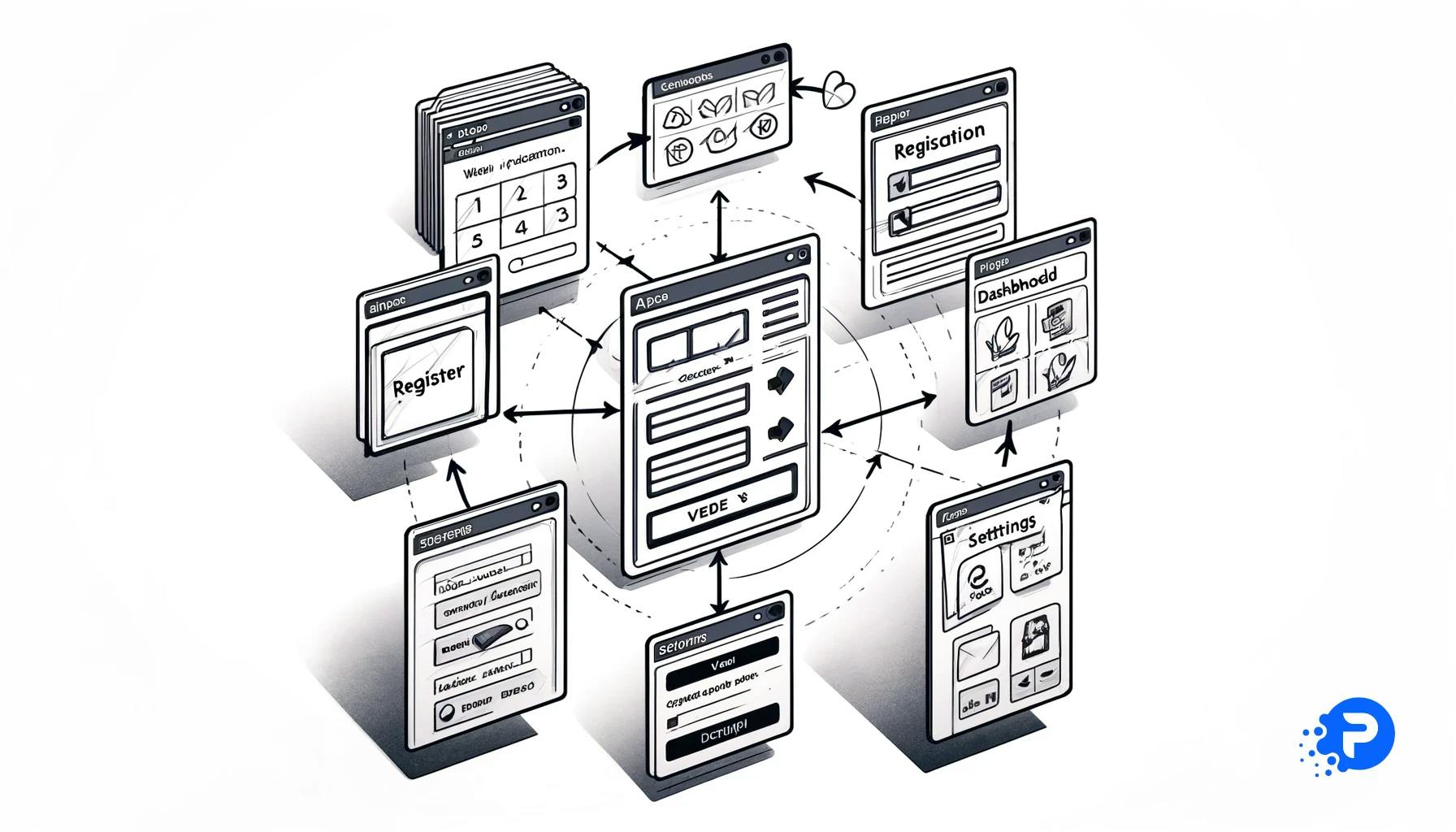Ilustração minimalista mostrando a sequência de esboços em folhas A4 para uma aplicação web: Tela de Boas-Vindas, Registro, Dashboard e Configurações, conectadas por setas, destacando o processo de planejamento e visualização.