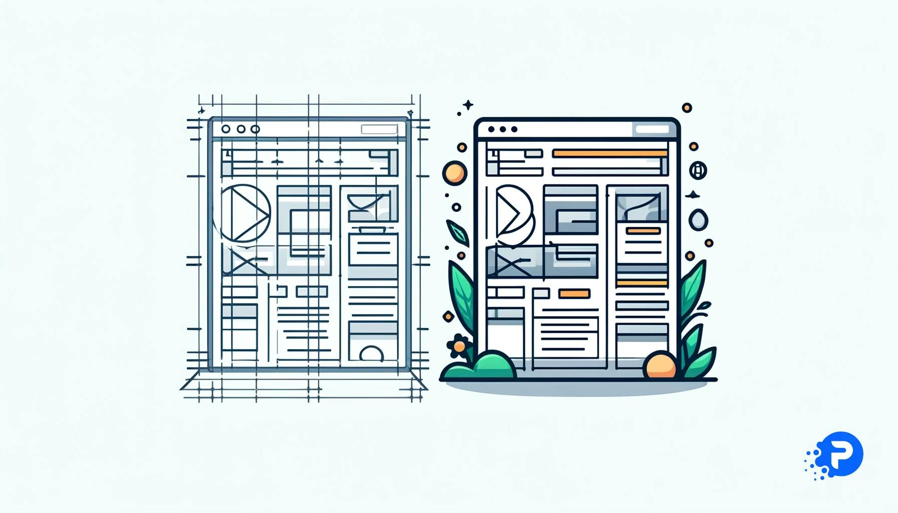 Ilustração minimalista mostrando dois estágios do desenvolvimento web lado a lado. À esquerda, um wireframe básico representa a estrutura inicial do site. À direita, a versão final do design, simplificada com cores e tipografia básicas, ilustrando a transformação clara do conceito ao produto.