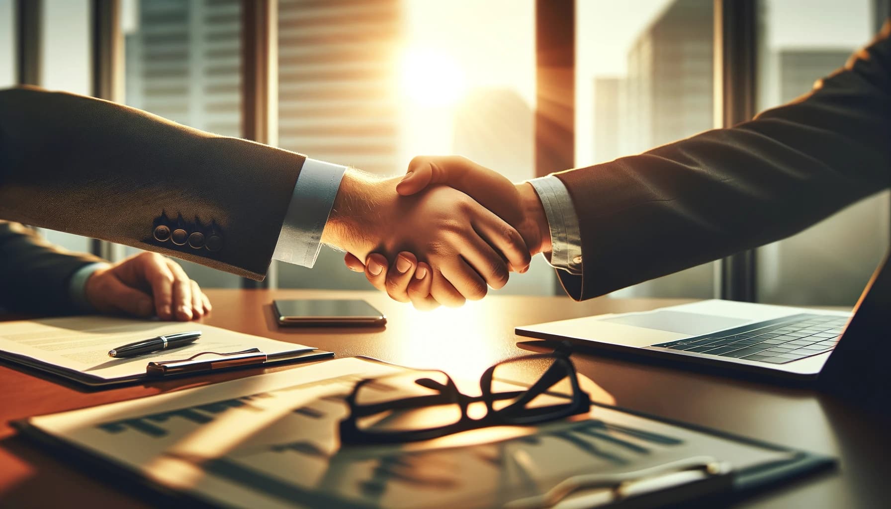 Aperto de mãos entre dois profissionais iluminados pelo sol da manhã, simbolizando o sucesso no fechamento de uma venda de site institucional pela empresa Produtivese. A cena transmite confiança e parceria, com um escritório ao fundo, onde se vê um laptop aberto e documentos sobre a mesa, indicando uma reunião produtiva e o início de um novo projeto.