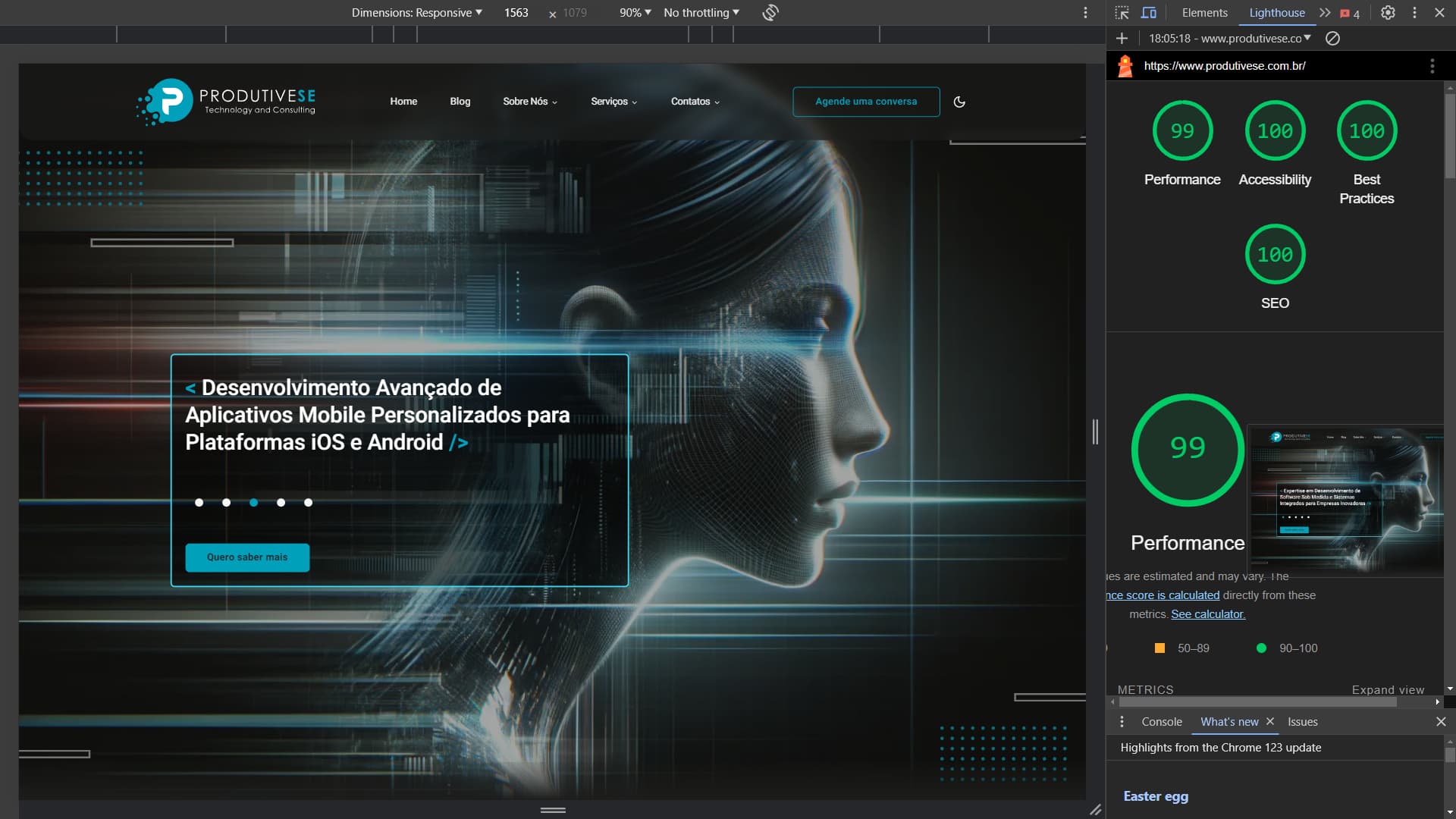 Captura de tela mostrando os resultados do teste Lighthouse do Google para o site Produtivese com pontuações de 99 em Performance, 100 em Acessibilidade, 100 em Melhores Práticas e 100 em SEO.
