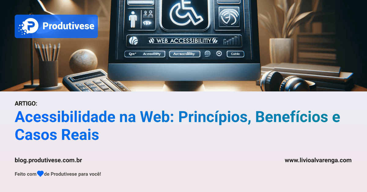 Área de trabalho iluminada com monitor mostrando ícones de acessibilidade na web, como audiodescrição e legendas. Logo Produtivese e texto - Acessibilidade na Web Princípios, Benefícios e Casos Reais.