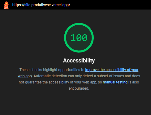 Captura de tela do Google Lighthouse com a nota máxima nos indicadores de acessibilidade