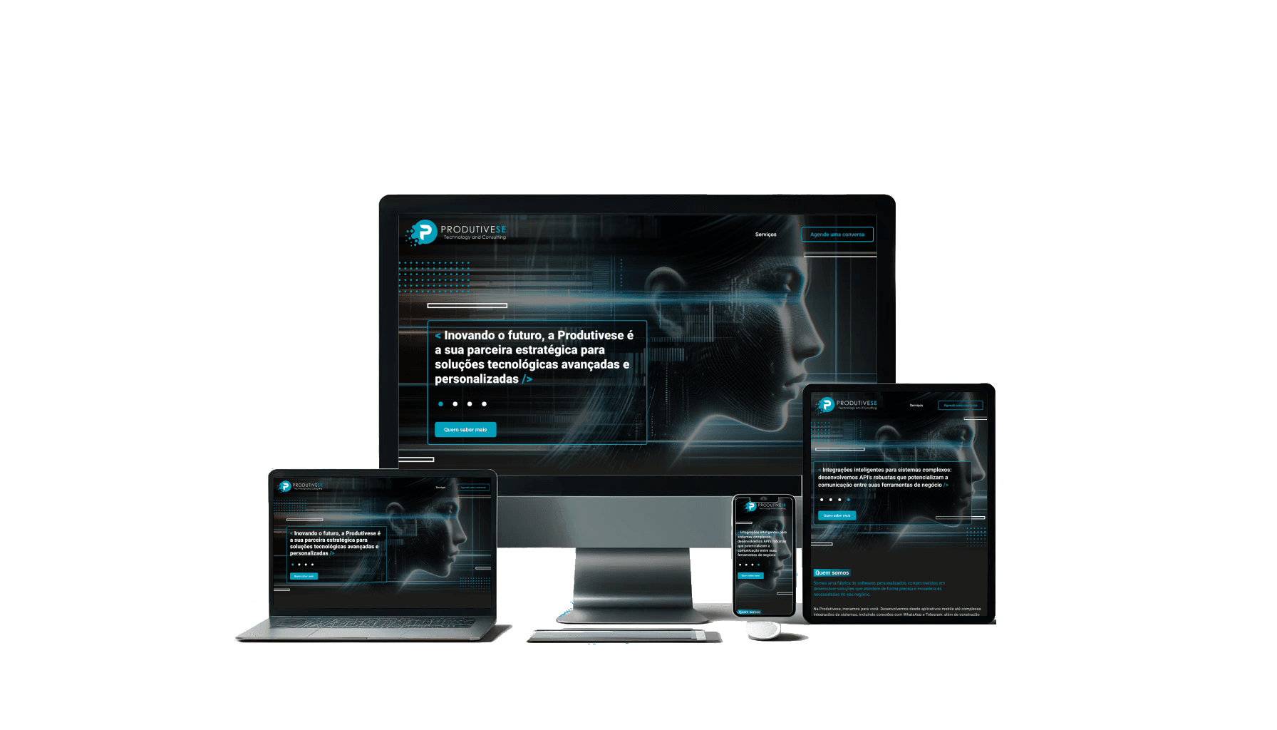Dispositivos exibindo o site da Produtivese, incluindo um desktop, laptop e tablet, todos com design de interface futurista destacando parcerias estratégicas para soluções tecnológicas personalizadas e avançadas.